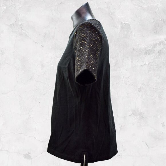 J Crew Black Knit Top Gold Metallic Trim Short Sleeves Back Zip - Women's Size S - Picture 4 of 7